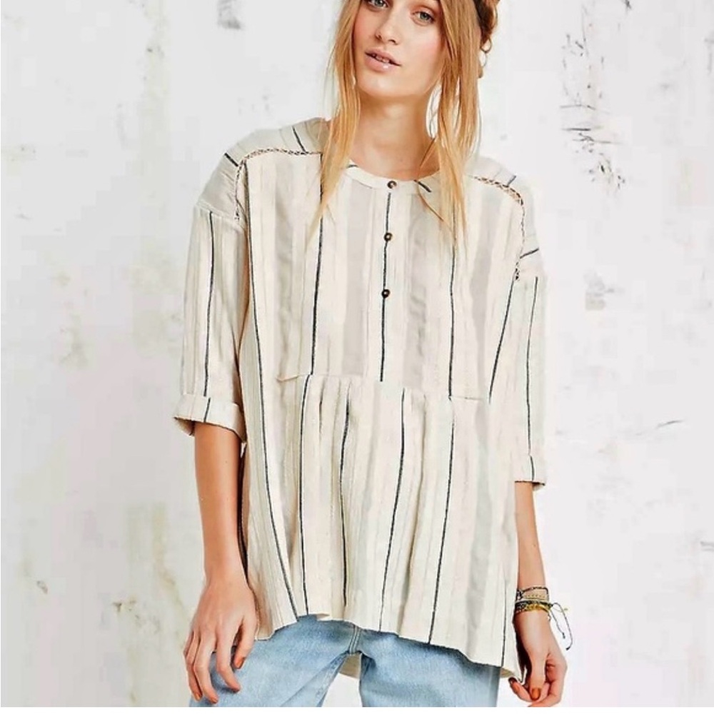 Free People Cream Striped Button-Front Peasant Tunic